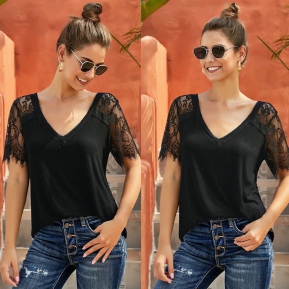 SUSAN Lace Vneck Short Sleeve Top - Picture 2 of 3